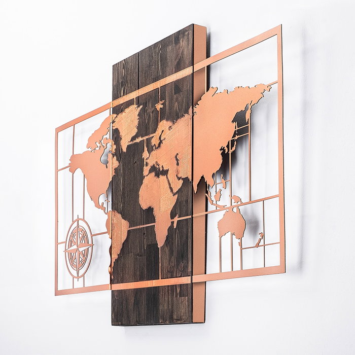 Wallity World Map With Compass - Cobre y Nogal